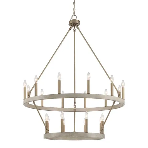 BOXED FARWELL 2 TIER 20 LIGHT WAGON WHEEL CANDLE STYLE CHANDELIER (1 BOX)