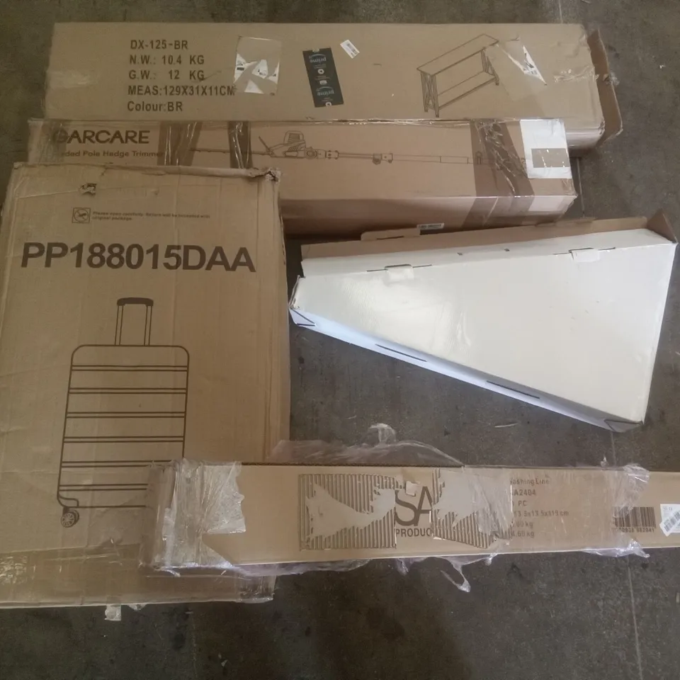 PALLET OF ASSORTED ITEMS INCLUDING GARCARE CORDED POLE HEDGE TRIMMER, SUITCASE, WASHING LINE, SHOWER UNIT, SHELVING UNIT   