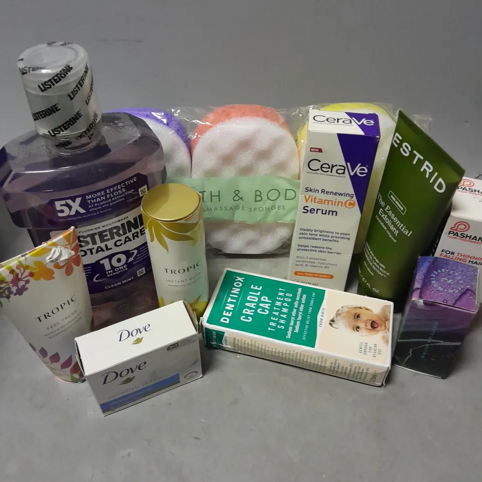 APPROXIMATELY 15 ASSORTED COSMETICS ITEMS TO INCLUDE DOVE SOAP, CERAVE VITAMIN C SERUM, TROPIC FEEL FRESH , ETC