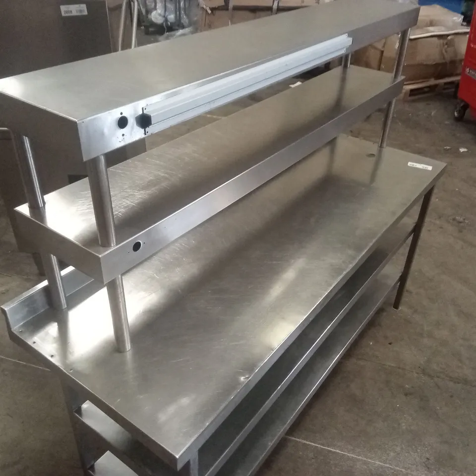 STAINLESS STEEL WALL BENCH WITH DOUBLE UNDERSHELF AND DOUBLE HEATED LIGHT GANTRY