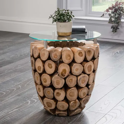 BRAND NEW BOXED HOMESDIRECT365 TEAK ROOT CIRCULAR SIDE TABLE (2 BOXES)