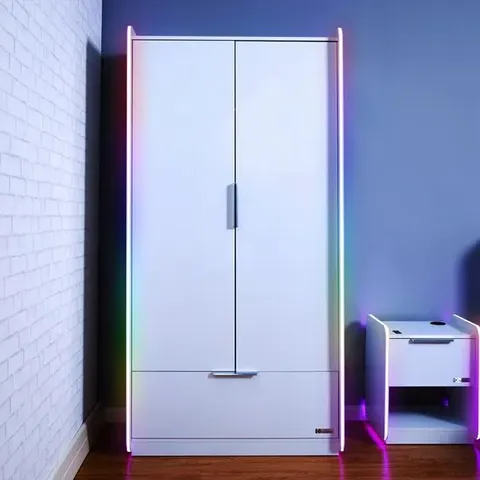 BOXED X ROCKER ELECTRA WARDROBE 2 DOOR 1 DRAWER WITH LED LIGHTS - WHITE (2 BOXES)