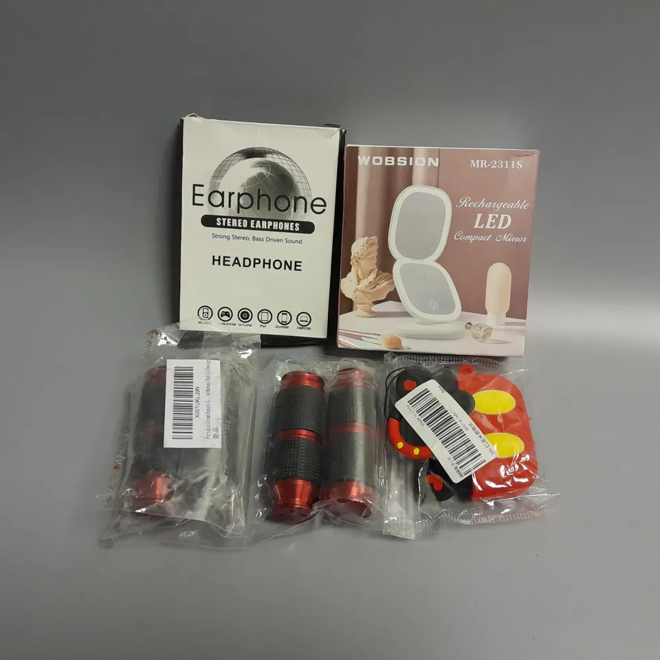 5 ASSORTED PRODUCTS TO INCLUDE RECHARGEABLE LED COMPACT MIRROR, STEREO HEADPHONES 
