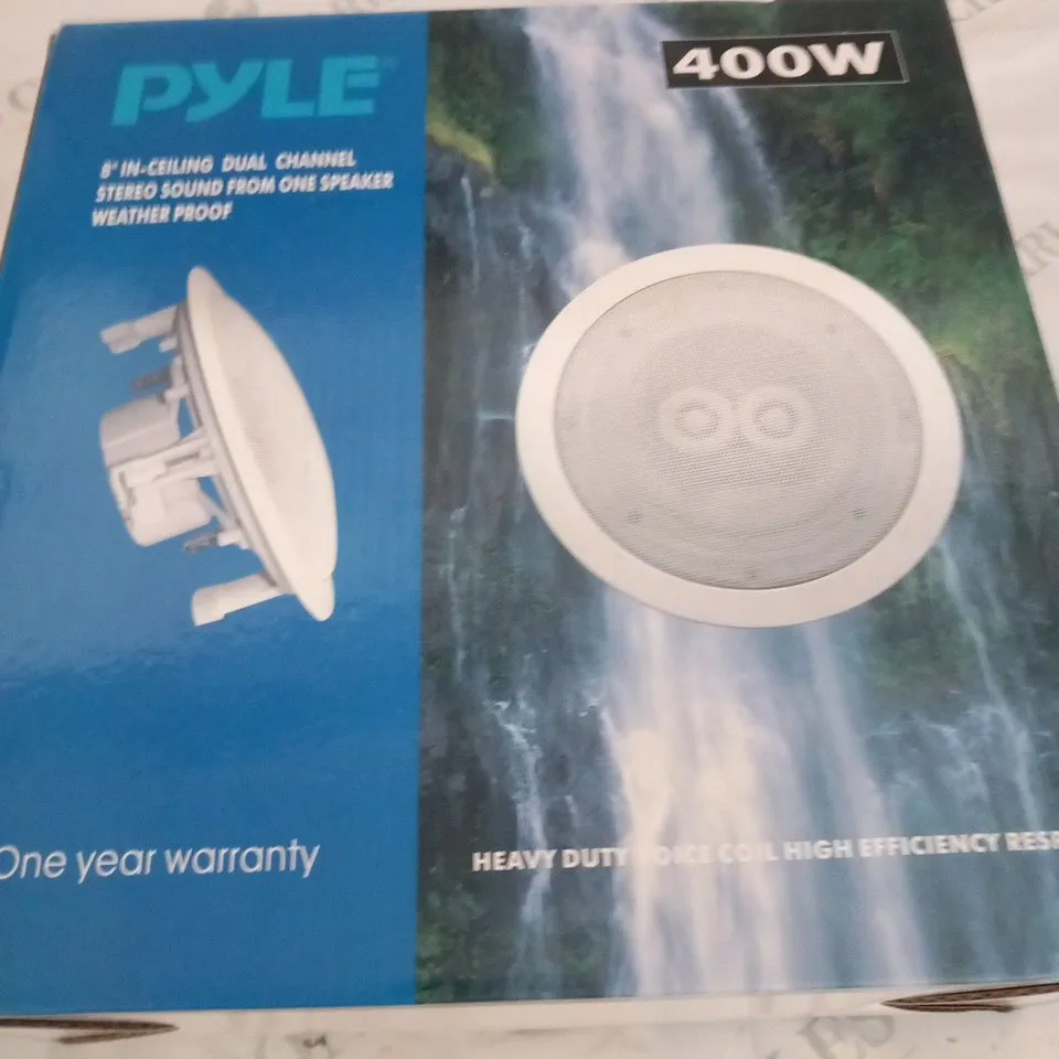 BOXED PYLE PWRC82 8" IN CEILING DUAL CHANNEL STEREO SOUND FROM ONE SPEAKER WEATHR PROOF