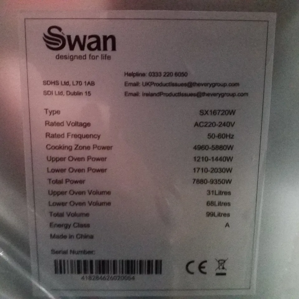 BOXED SWAN SX16720W 60CM ELECTRIC TWIN OVEN CERAMIC HOB COOKER - WHITE