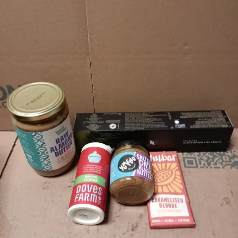 APPROXIMATELY 10 ASSORTED FOOD/DRINK PRODUCTS TO INCLUDE ALMOND BUTTER, BAKING POWDER, OMBAR BLONDE ETC