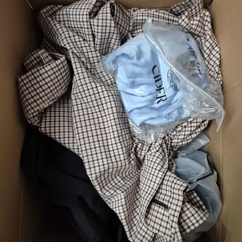 LARGE BOX OF APPROXIMATELY 25 ASSORTED CLOTHING ITEMS IN VARIOUS COLOURS, STYLES AND SIZES - COLLECTION ONLY