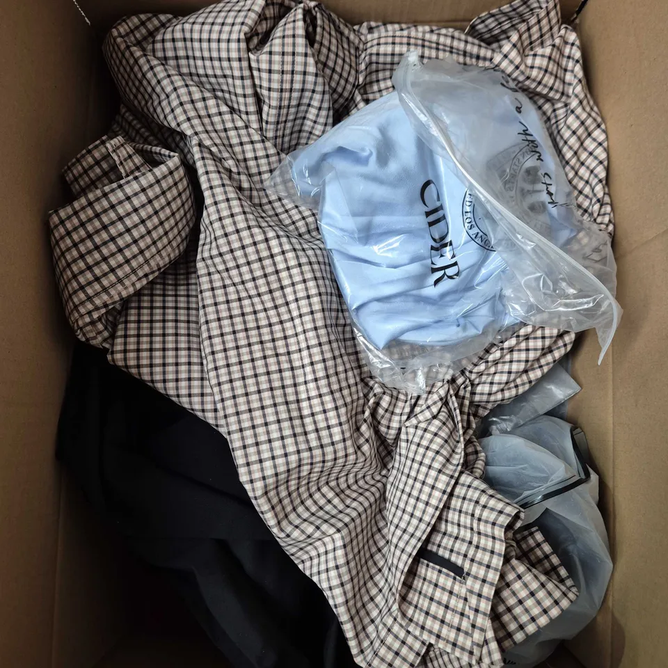 LARGE BOX OF APPROXIMATELY 25 ASSORTED CLOTHING ITEMS IN VARIOUS COLOURS, STYLES AND SIZES - COLLECTION ONLY