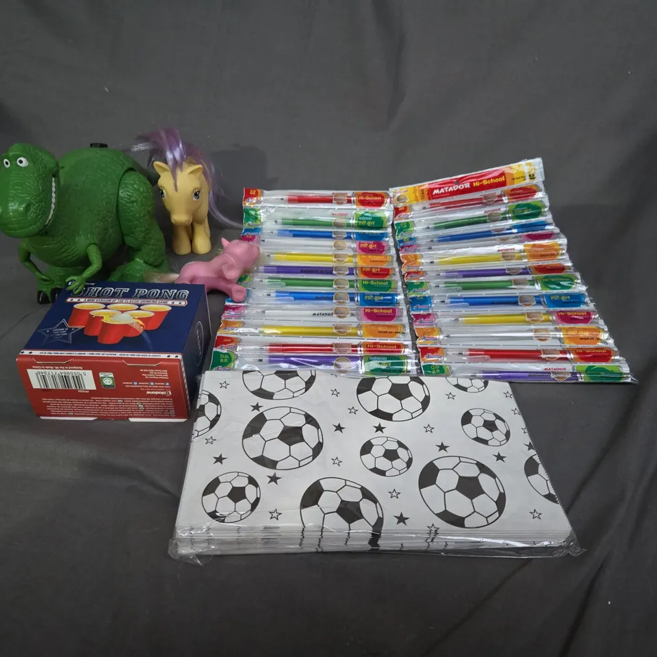 APPROXIMATELY 10 ASSORTED TOYS AND GAMES TO INCLUDE MY LITTLE PONYS, BEER PONG AND PENS