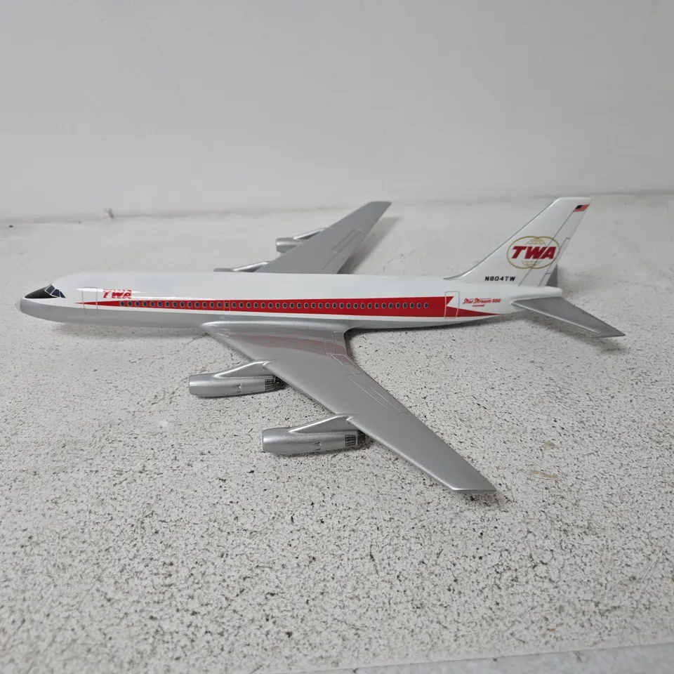 ATLANTIC MODELS TWA FOUR-ENGINE JET MODEL AIRCRAFT – WITH WOOD DISPLAY STAND (N804TW)