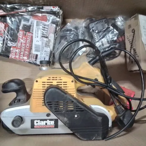 BOX CONTAINING LARGE PAD SANDER, LONG NOSE AIR HAMMER KIT, ECT.