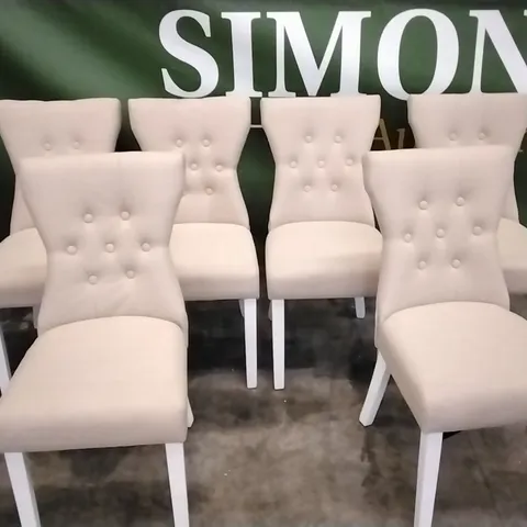 6 CREAM FABRIC BUTTONBACK DINING CHAIRS WITH WHITE PAINTED WOODEN LEGS