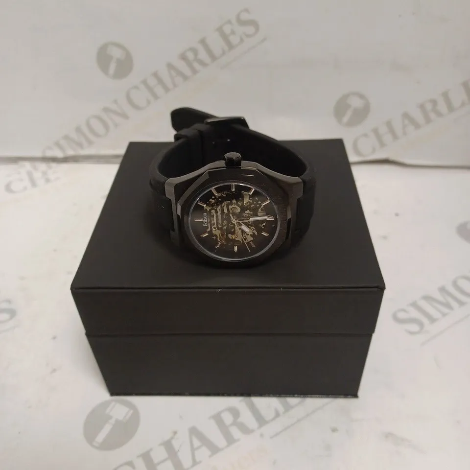 MENS EDISON WATCH – SKELETON DIAL – GLASS EXHIBITION BACK CASE – STAINLESS STEEL FACE – RUBBER STRAP – 3ATM WATER RESISTANT
