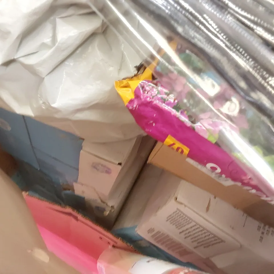 PALLET OF ASSORTED ITEMS TO INCLUDE: IRONING BOARD, HP KEYBOARD SET, COMPOST, A4 PAPER ECT