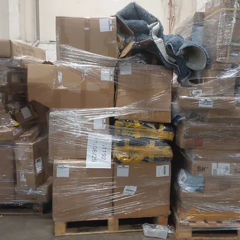 PALLET CONTAINING A LARGE QUANTITY OF ASSORTED CONSUMER PRODUCTS INCLUDING: VACUUM SEALED RUGS, CORE MUSCLE FIT T-SHIRTS ECT