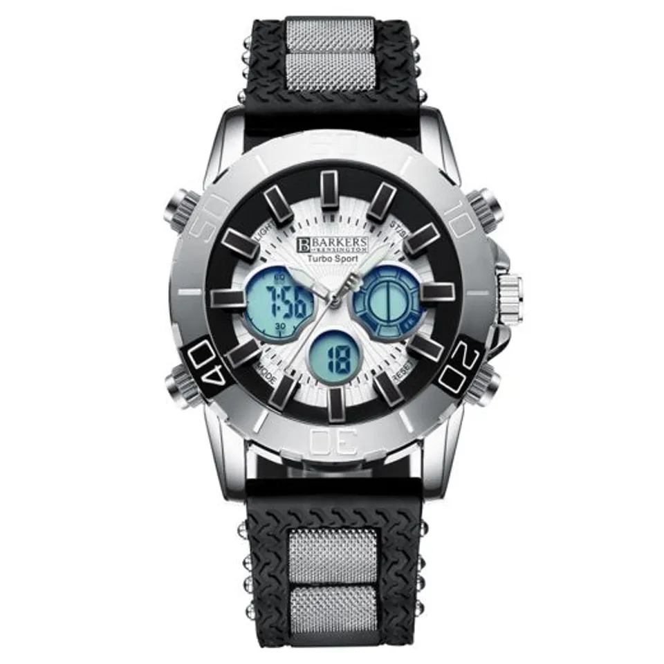 BARKERS OF KENSINGTON TURBO SPORT TRIPLE DIAL RUBBER STRAP BLACK WRISTWATCH 