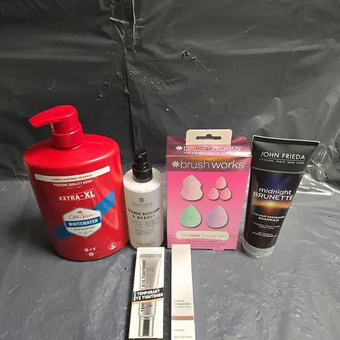 APPROXIMATEY 20 ASSORTED HEALTH AND BEAUTY PRODUCTS TO INCLUDE - OLD SPICE WHITEWATER HAIR & BODY WASH - BRUSH WORKS BEAUTY SPONGE SET AND JOHN FRIEDA BRUNETTE SHAMPOO