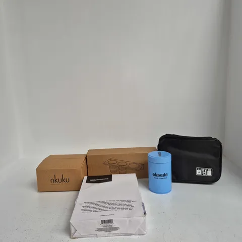 BOX OF APPROXIMATELY 15ASSORTED ITEMS INCLUDING ELEVATE METAL TIN, AMAZON BASICS WHITE PAPER AND A STORAGE HOLDER