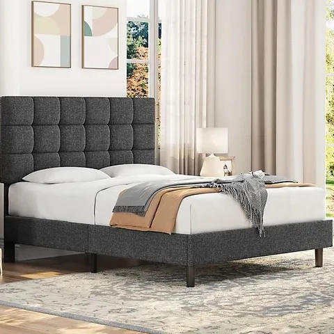 BOXED SIZE UPHOLSTERED BED FRAME WITH HEIGHT ADJUSTABLE HEADBOARD - GREY // SIZE: 135 X 190cm (1 BOX)