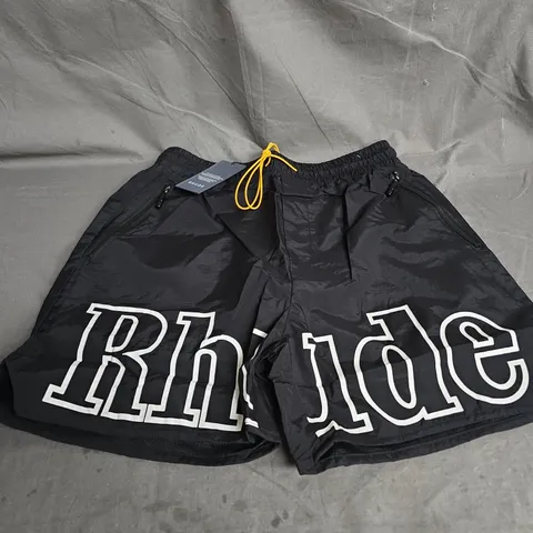 RHUDE BLACK LOGO-PRINT DRAWSTRING SHORTS – MEN'S SIZE L 