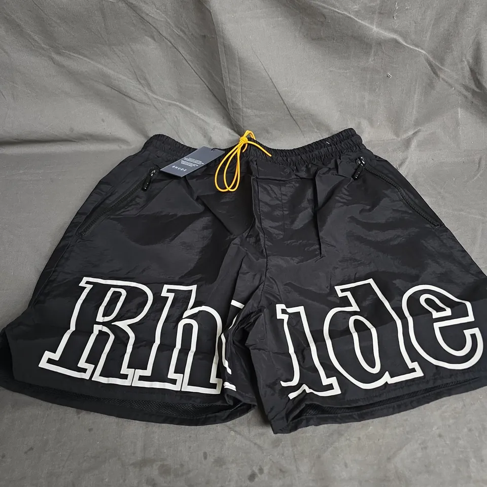 RHUDE BLACK LOGO-PRINT DRAWSTRING SHORTS – MEN'S SIZE L 