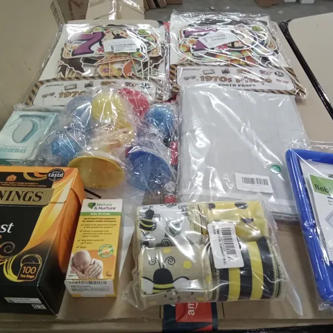 PALLET OF ASSORTED ITEMS INCLUDING TWININGS TEA, LENOVO TAB M8 CASE, KIDS BIKE HORNS, HALLOWEEN DECORATIONS, 1970S PHOTO BOOTH PROPS