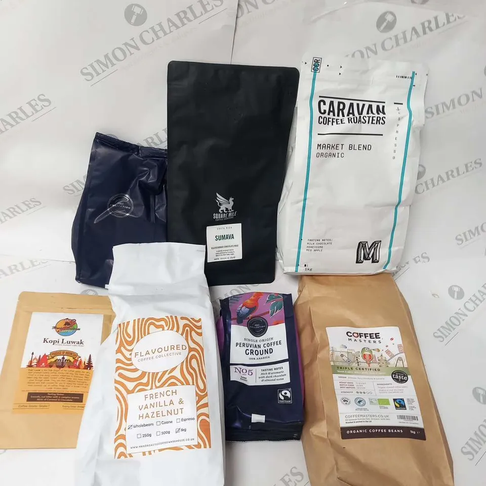 APPROXIMATELY SEVEN PACKS OF COFFEE PRODUCTS TO INCLUDE; COFFEE MASTERS, M AND S, FLAVOURED COFFEE, CARAVAN COFFEE ROASTERS, SQUARE MILL AND KOPI LUWAK 
