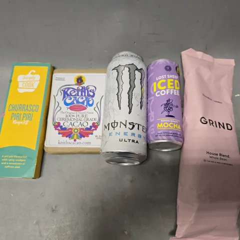 APPROXIMATELY 12 ASSORTED FOOD ITEMS TO INCLUDE - MONSTER ULTRA , GRIND HOUSE BLEND , SIMPLY COOK CHURRASCO PIRI PIRI ETC