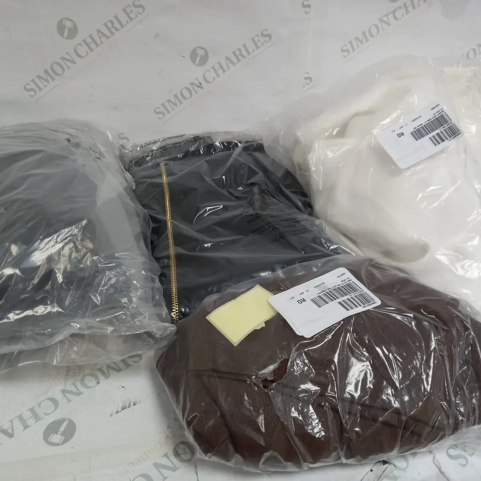 BOX OF APPROXIMATELY 15 ASSORTED CLOTHING ITEMS TO INCLUDE WHITE COAT, BROWN PANTS, BLACK TOP ETC