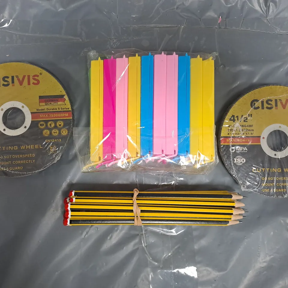 APPROXIMATELY 10 ASSORTED HOUSEHOLD ITEMS TO INCLUDE CUTTING WHEELS, PENCILS, ETC