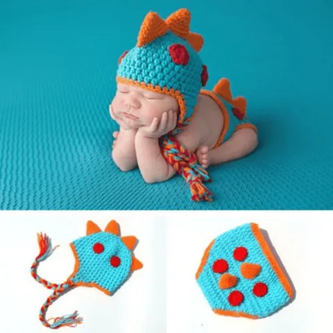APPROXIMATELY 5 BRAND NEW CROCHET BLUE AND ORANGE DINO DRESS UP OUTFIT