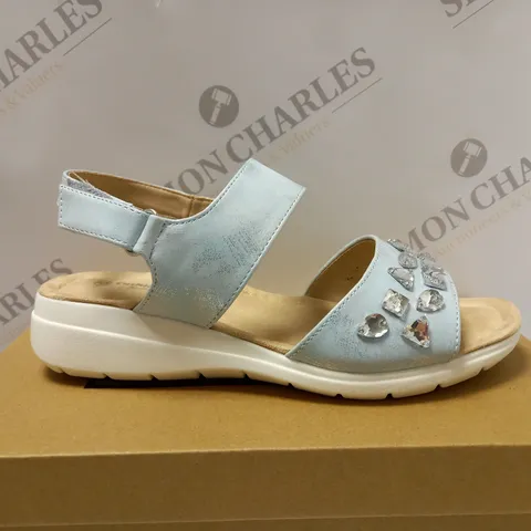 BOXED PAIR OF CUSHION WALK JEWELLED SANDALS, SILVER - SIZE 6