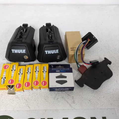 LOT OF ASSORTED AUTO AND TOOL ITEMS TO INCLUDE THULE BRACKETS, NGK SPARK PLUGS AND BRAKE PADS