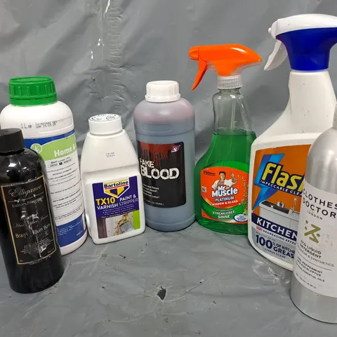 APPROXIMATELY 10 ASSORTED LIQUIDS TO INCLUDE FAKE BLOOD, FLASH DEGREASER, PAINT & VARNISH STRIPPER, ETC - COLLECTION ONLY