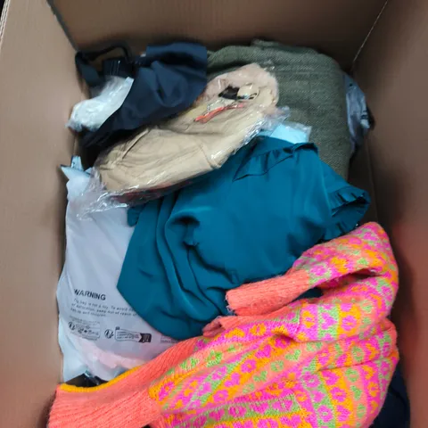 LARGE BOX OF APPROXIMATELY 25 ASSORTED CLOTHING ITEMS IN VARIOUS COLOURS, STYLES AND SIZES - COLLECTION ONLY