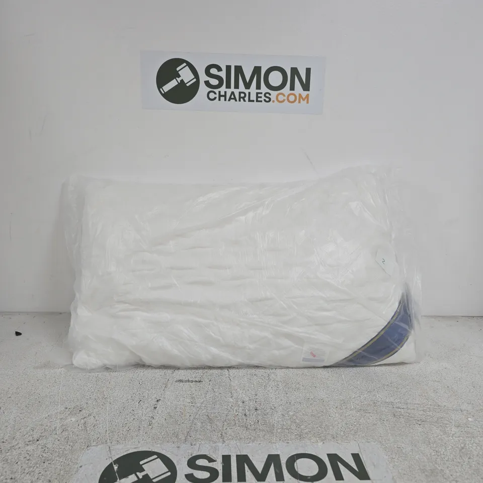 WHITE CUSHION / PILLOW IN PLASTIC WRAP WITH BLUE EDGE
