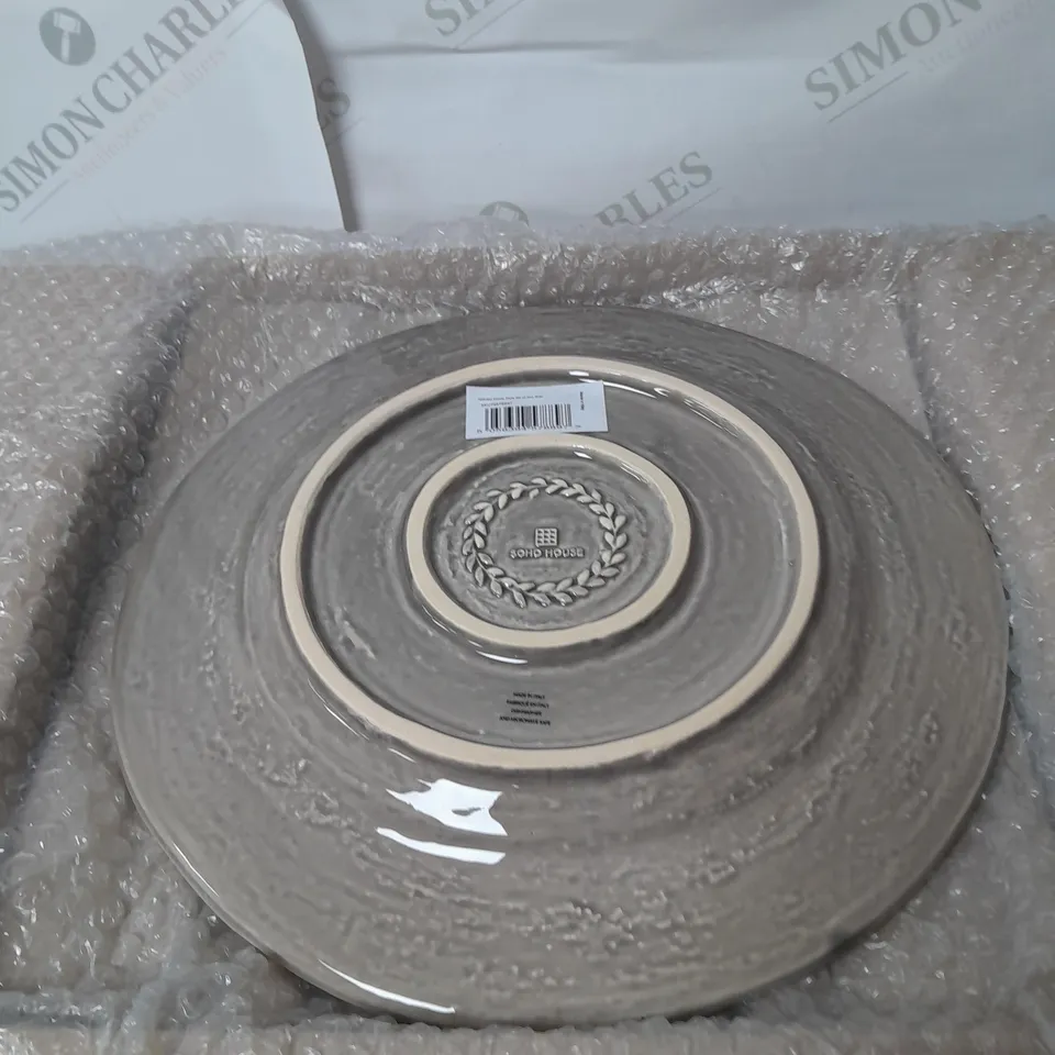 LOT OF 3 BOXES OF GREY DINNER PLATES. 4 PLATES PER BOX