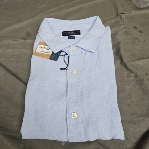 CHARLES TYRWHITT SKY BLUE SS PURE LINEN SLIM FIT SHIRT SIZE XL
