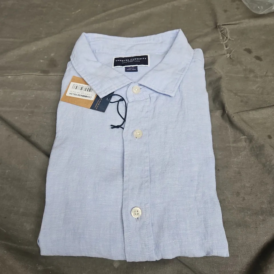 CHARLES TYRWHITT SKY BLUE SS PURE LINEN SLIM FIT SHIRT SIZE XL
