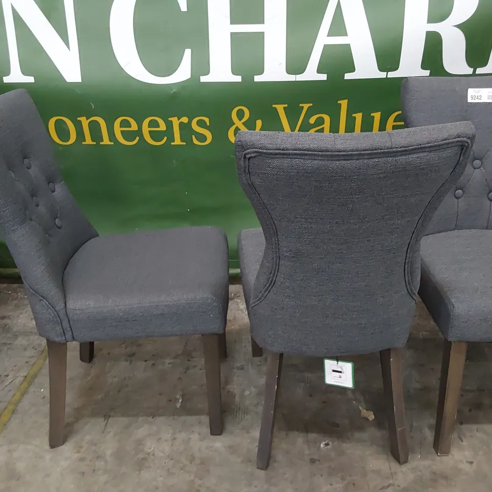 SET OF FOUR UPHOLSTERED BUTTONED BACK DINING CHAIRS GREY FABRIC ON SILVERED LEGS