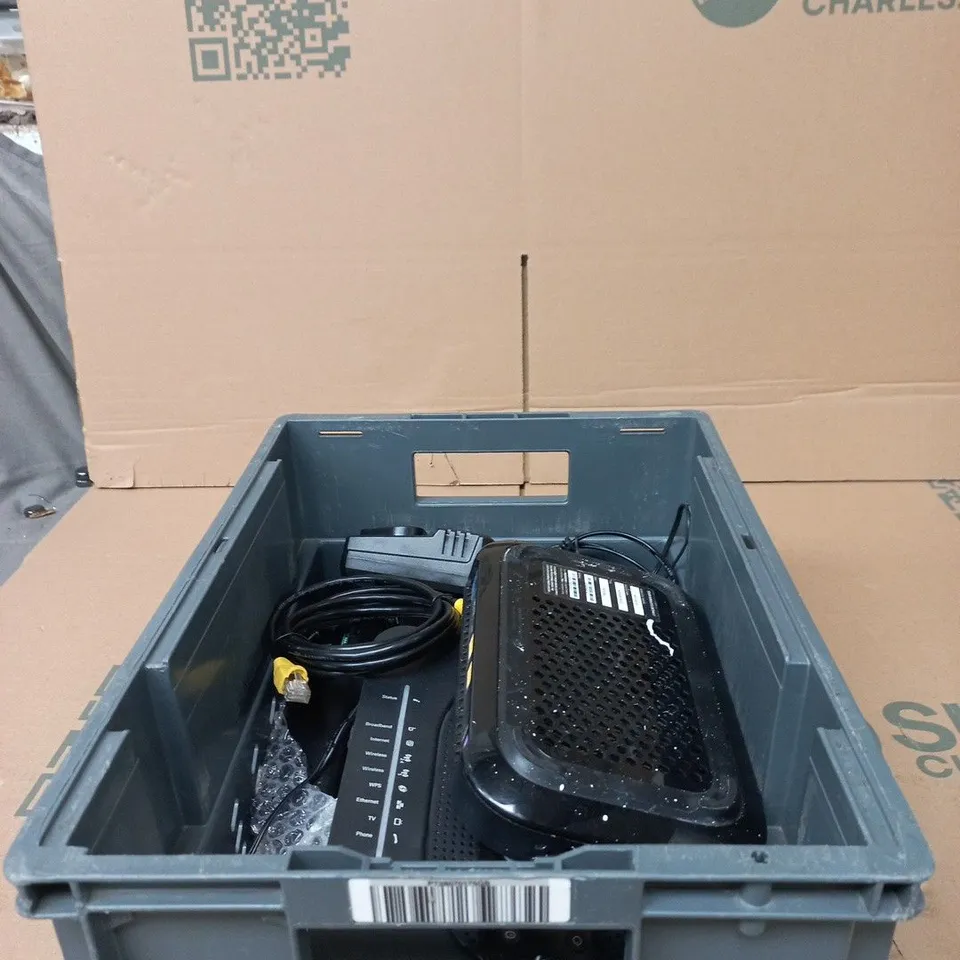 TOTE OF APPROXIMATELY 10 ASSORTED ITEMS TO INCLUDE SKY HUB, REMOTES, CABLE, POWER SUPPLIES ETC