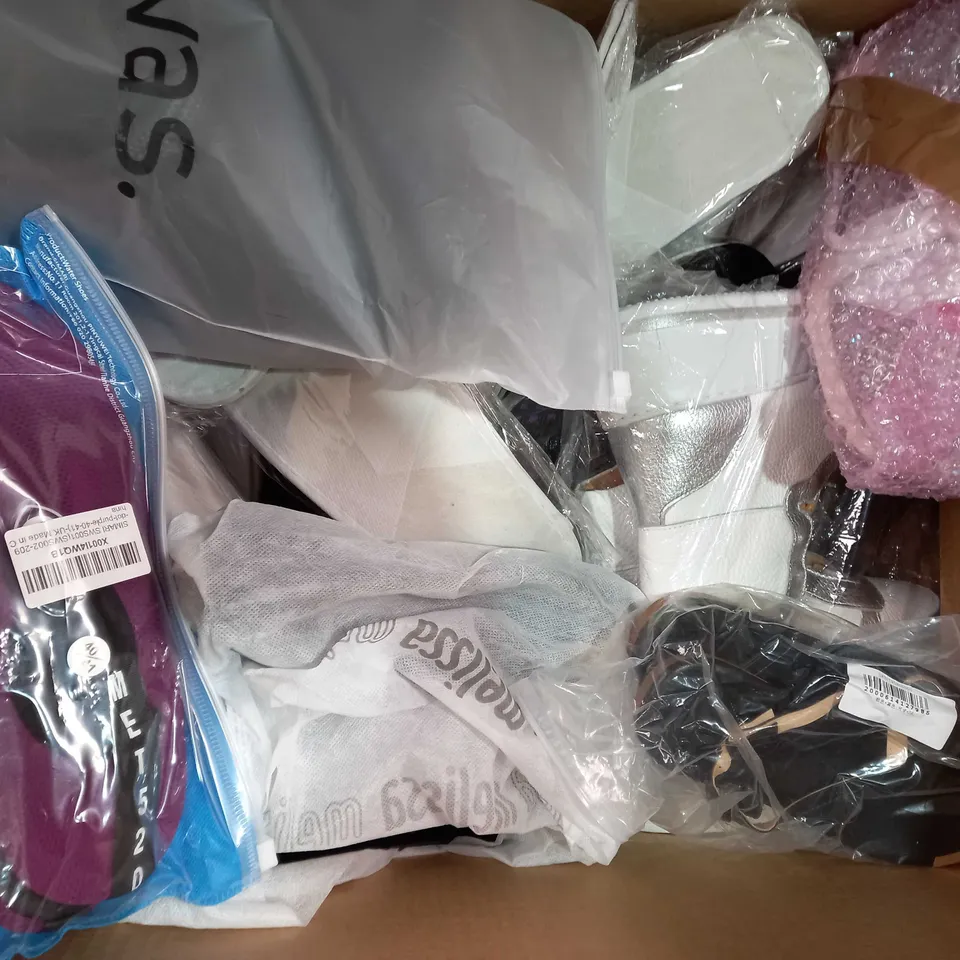 BOX OF APPROXIATELY 20 ASSORTED PAIRS OF SHOES AND FOOTWEAR ITEMS IN VARIOUS STYLES AND SIZES TO INCLUDE CHANEL, JONES, H&M, ETC