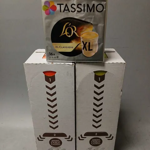 SET OF 3 ASSORTED COFFEE ITEMS TO INCLUDE - TASSIMO XL CLASSIQUE , NESCAFE DOLCE GUSTO , NESCAFE DOLCE DUSTO  DECAFFEINATO 