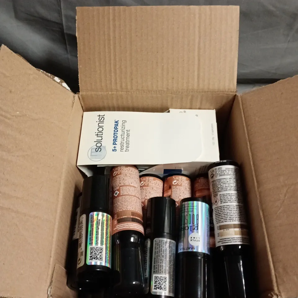 APPROIXIMATELY 15 HAIR CARE PRODUCTS INCLUDING MATRIX COLOR BLOW DRY, MATRIX VOLUME BOOSTER AND SOLUTIONIST RESTRUCTURISING TREATMENT