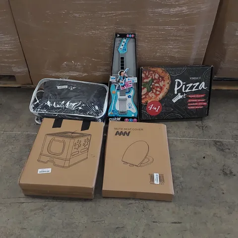 PALLET OF ASSORTED ITEMS INCLUDING: ELECTRIC BLANKET, CHILDREN'S GUITAR, PET BOX, PIZZA STONE, TOILET SEAT