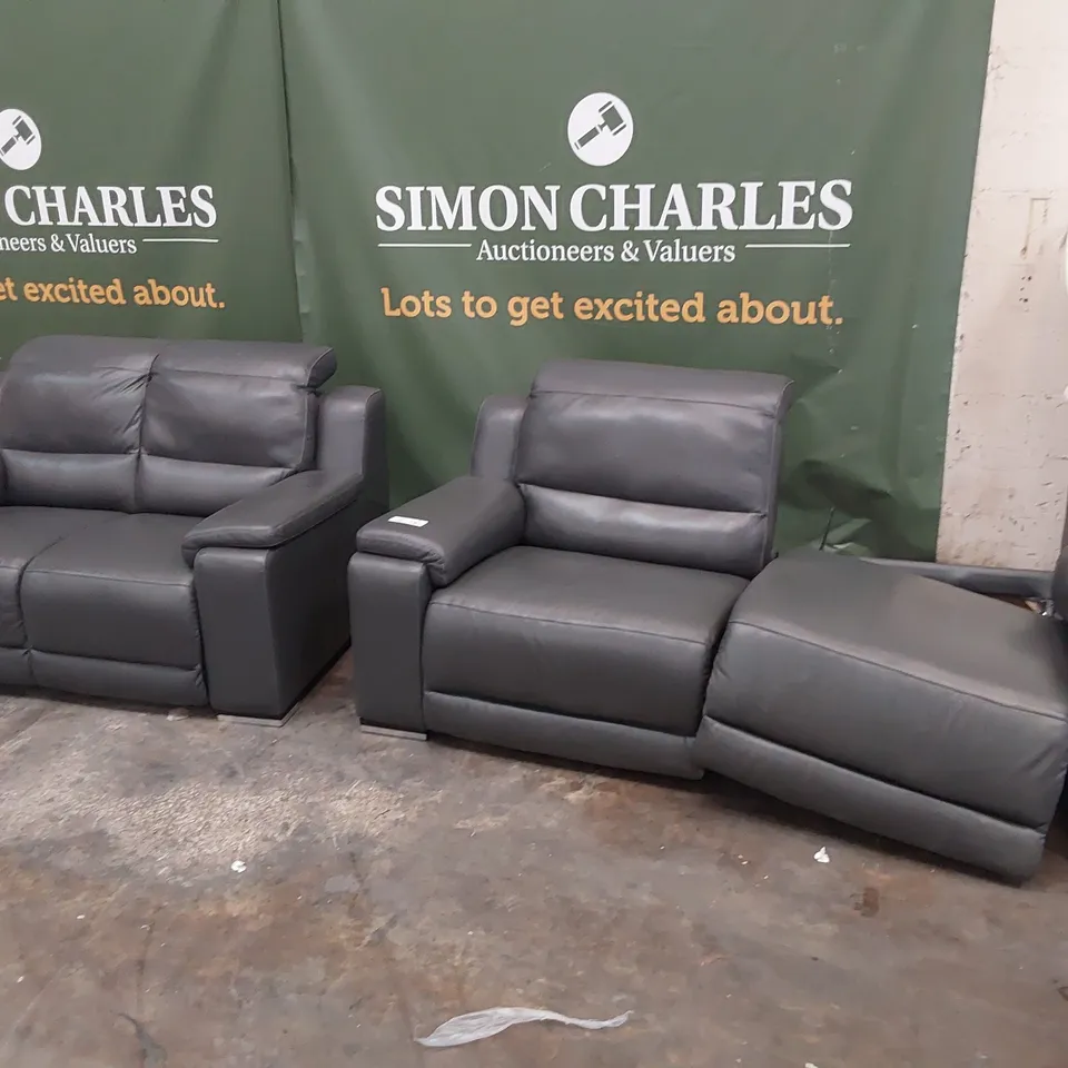 QUALITY ITALIAN DESIGNER POWER RECLINING TWO SEATER SOFA & FIXED SNUGGLER CHAIR CHARCOAL LEATHER 