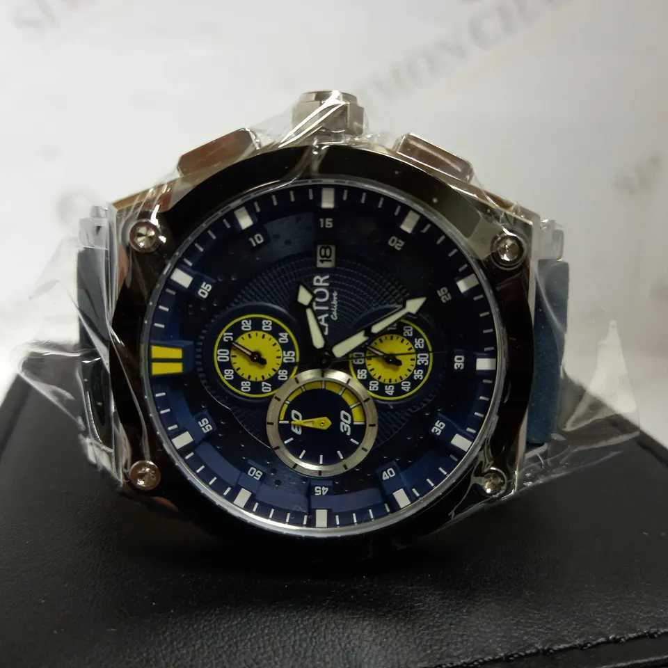LATOR CALIBRE BLUE & YELLOW DIAL SUEDE LEATHER STRAP WATCH RRP £635