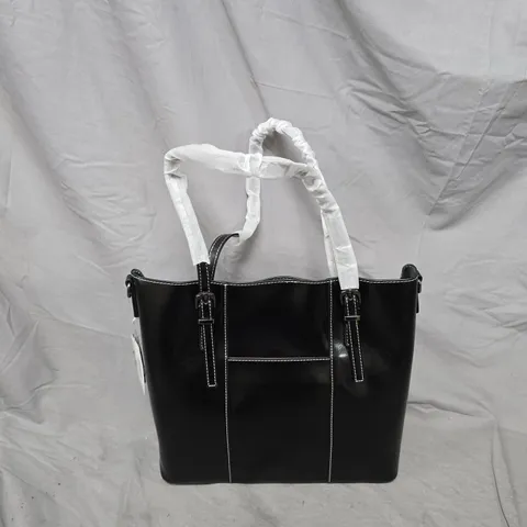 BLACK LEATHER HANDBAG WITH WHITE CONTRAST STITCHING