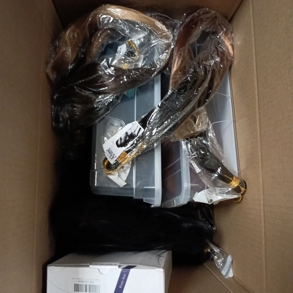 BOX OF APPROXIMATELY 12 WIGS AND HAIR PIECES IN ASSORTED COLOURS AND STYLES