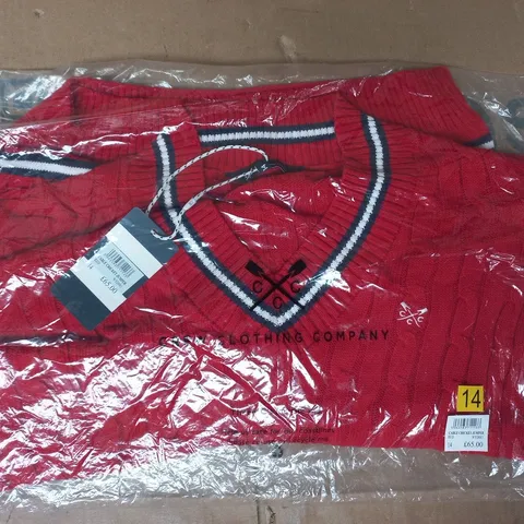 BAGGED CREW CLOTHING COMPANY CABLE CRICKET JUMPER IN RED SIZE 14